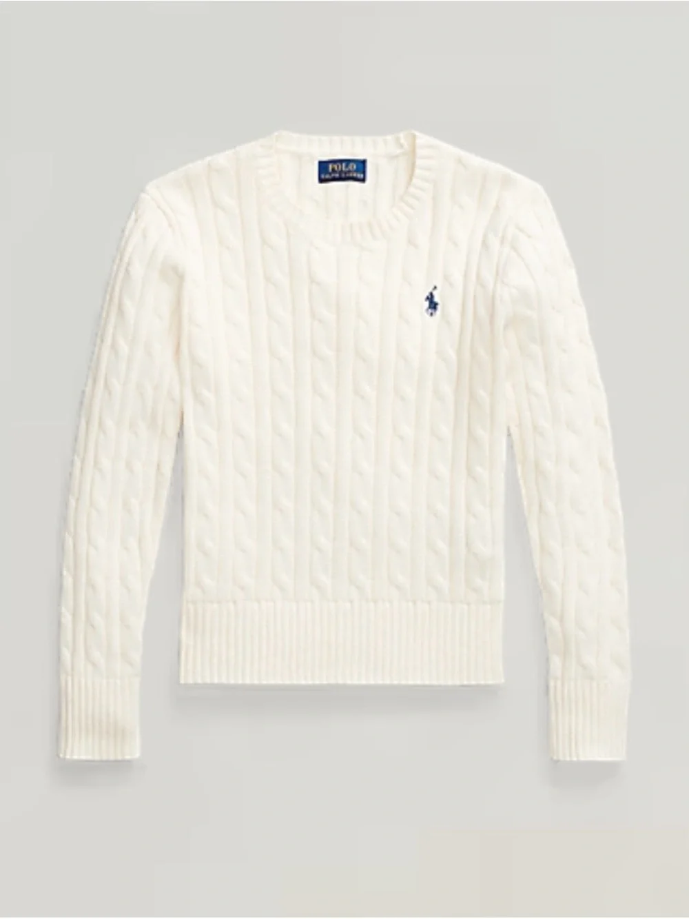 Ralph Lauren Girls' Cream Cable Crewneck Sweater with Navy Pony - Picture 2 of 8